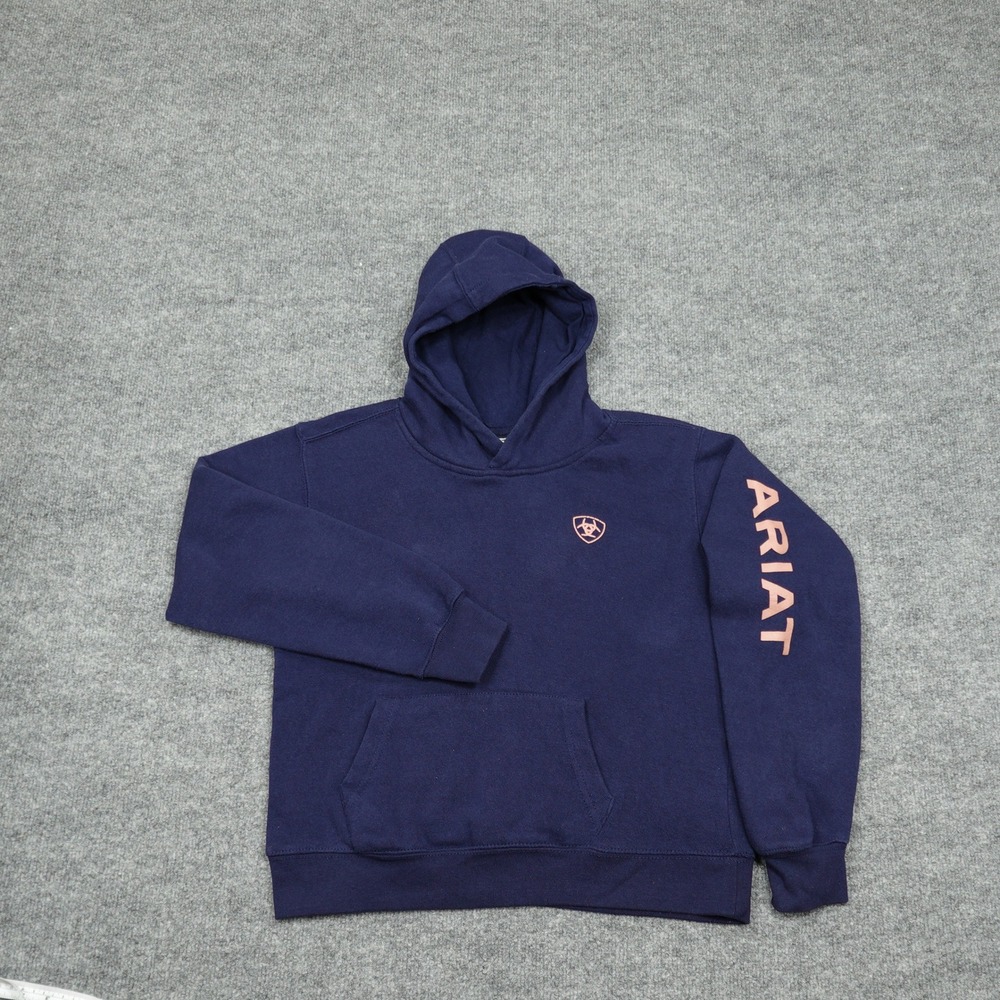 Ariat Hoodie Kids Size Large 12 Navy Blue Logo Sleeve Pullover Western Fleece